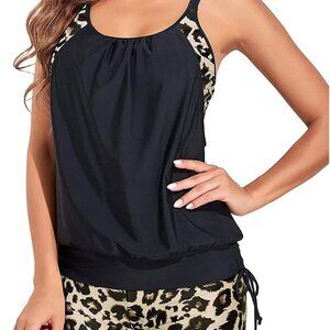 Two Piece Leopard Tankini Swimsuit with Tummy Control in Black Leopard, Medium